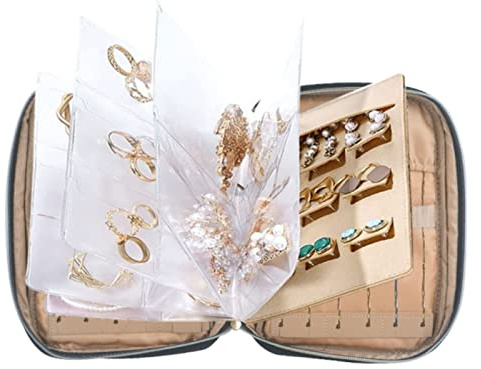Tefola Portagioie da Viaggio, Custodia per Gioielli da Viaggio, Rotolo Portagioie Portatile con Sacchetti Trasparenti per Orecchini, Collane, Nero