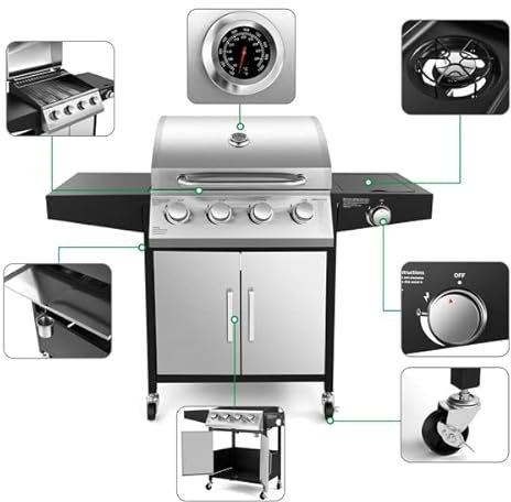 BBQ Cabinet Style Gas Grill with Rotisserie Kit, Sear Burner, Rear Burner and Side Burner,For Patio Picnic Backyard, Outdoor Party