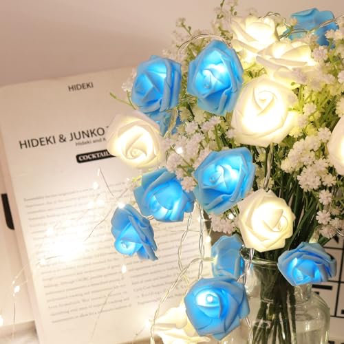 RECUTMS Rose Flower Fairy String Lights,9.8Ft 20LED Battery Powered Garland Light for Valentine's Day Wedding Mother's Day Gift for Girl Home Indoor Outdoor Decorations(Blue+White)