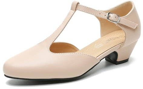Women's T-Strap Mary Jane Pumps, Low Block Heel, Closed Toe, Buckle Ankle Strap Nude Matte 40 - US 8