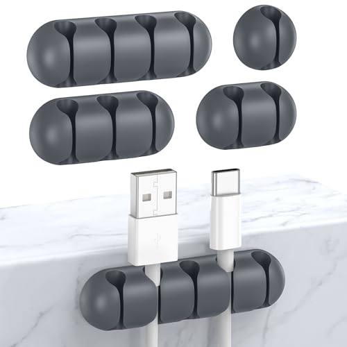 UNBREAKcable Clips de Support de câble de Bureau, Lot de 5 Attaches de câble réglables en Silicone, Gestion de Fil adhésif pour câble de Charge USB/Fil de Souris PC/Écouteur/Bureau/Maison (Gris)