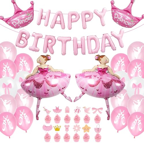 Ballerina Geburtstag Deko Ballon Mädchen - 50 Stück Ballerina Deko Rosa Geburtstag Banner Folienballon, Krone Ballon, Kuchendekoration, Ballett Princess Balloon für Mädchen Geburtstag Deko Baby Shower