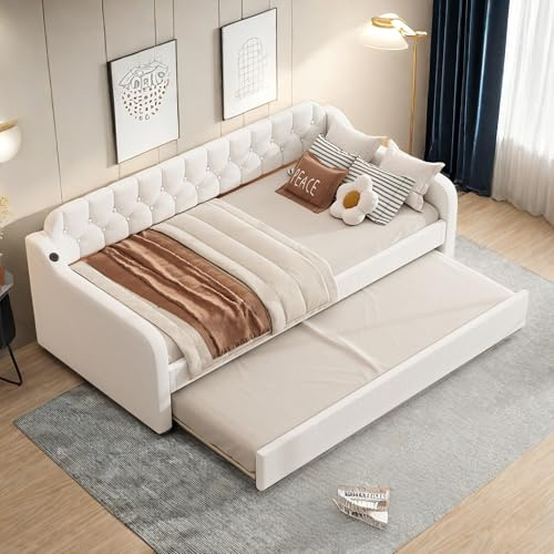 Sofá cama Convertible 90 x 200 cm con puerto USB, marco de sofá cama de 2 plazas con nido y clic-clac, chaise longue nido, Beige, (sin colchón)