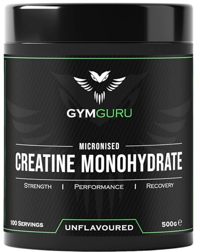 Gym Guru® Creatine Monohydrate Powder (UK Made), 500g, Unflavoured, Micronized - 5g Creatine Powder Per Serving (5000mg) - Vegan, Gluten Free - Increase Muscular Physical Performance