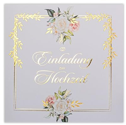 Art Nuvo HOCHZEITSEINLADUNGEN SATZ 20 St. 135x135mm MIT BEDRUCKBAREN EINLAGEN UND UMSCHLÄGEN FÜR HOCHZEIT – VERGOLDETES MUSTER