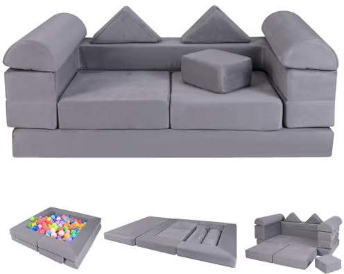 DREAMADE 5 in 1 Spielsofa, modulares Kindersofa aus 9 Schaumstoff Bausteine, Kindercouch mit waschbarem Wildlederbezug, Kinderspielsofa Kindermöbel für Spielzimmer, Kinderzimmer & Schlafzimmer (Grau)