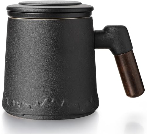 Leegg Teetasse mit Teesieb und Deckel 400ml Keramik Teebecher für grünen Tee Kaffeemomente (Schwarz)