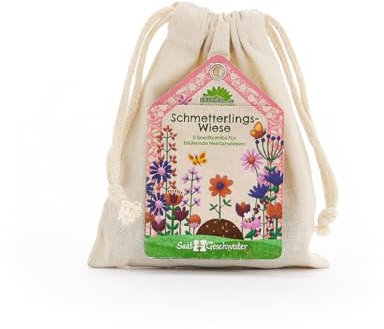Saatschwister - Sfere di semi con motivo a farfalla, 5 palline di semi con miscela di fiori selvatici, per farfalle in sacchetto di cotone, per fiori di campo colorato, per giardino, balcone e