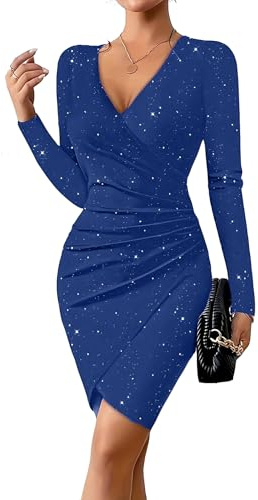 SUIUOI Glitzer Kleid – V-Ausschnitt Langarm Cocktailkleid, Elegantes Bodycon Partykleid und Wickelkleid für Besondere Anlässe
