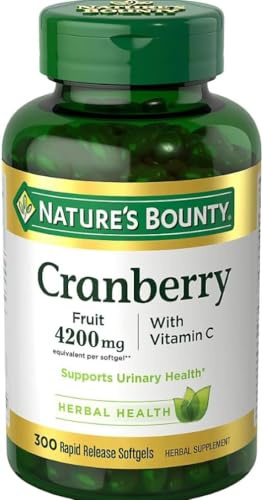 Natures Bounty Cranberry Fruit 4200mg with Vitamin C, Herbal Supplement, Supports Urinary Health, 300 Rapid Release Softgels