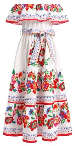 EFOGEP Vestido mexicano de verano para niña, bohemio, floral, vestido de drapeado, vestido tradicional cinco de mayo, fiesta, folklórico, bohemio, fiesta de cumpleaños, vestidos largos con cinturón