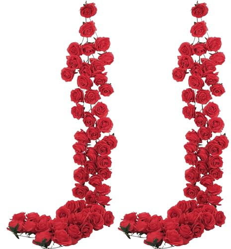Daifunli 2 Pcs Red Artificial Rose Vine Hanging Faux Flowers Garland for Wedding Anniversary Birthday Party Background Arch Garden Home Wall Room Decor