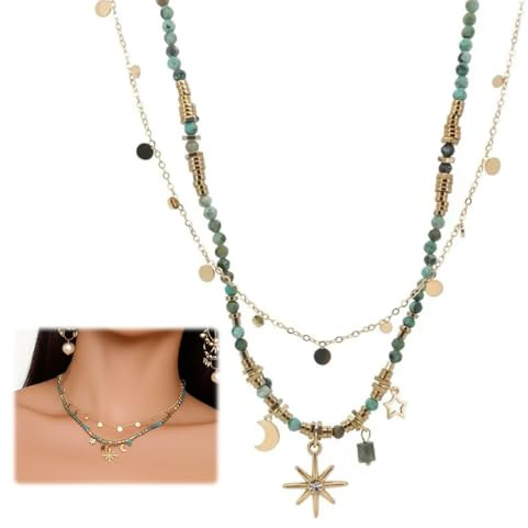PYEUIFT Collier Boho à breloques pour femmes, Double Couche, Or, Bijoux d'été plage surfeur, Cadeaux