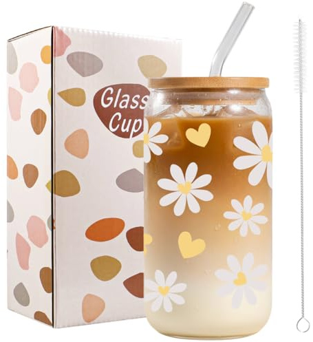 Bliceon Daisy Ice Coffee Cup, Sunflower Gifts for Women Girls, 16oz Cute Glass Cups with Lids and Straws for Birthdays, Thanks Gift, Sister, Best Friend, Cocktails, Summer Party
