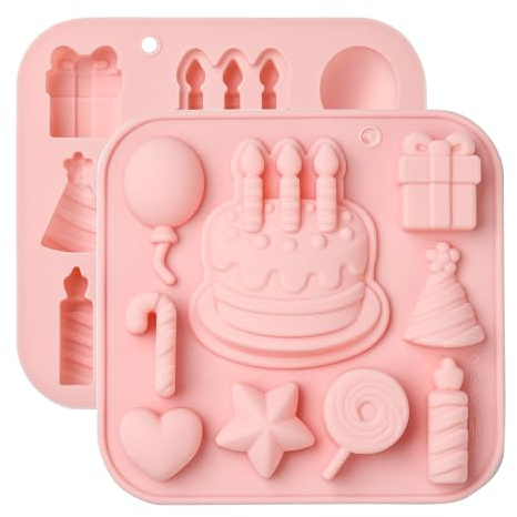 Airssory 2 moldes de silicona para fondant con temática de cumpleaños, para tartas, velas, caramelos, globos, corazones, estrellas, para bricolaje, pasteles, chocolate, pudín, gelatina, caramelo