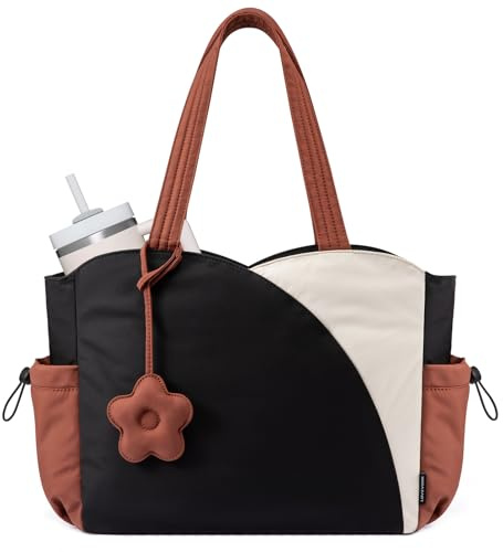 LOVEVOOK Tote Bag for Women, Puffer Tote Bag with Zipper, Work Bags for Teacher Nurse College, Handbag With Water Bottle, Teacher Tote for Travel, Daily, Beige-black-brown