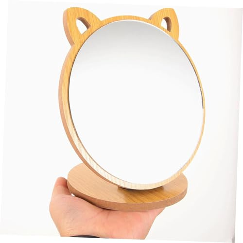 txuzong Kleiner Kosmetikspiegel mit Holzrahmen & Sockel - Kreative Katzenohr-Form, klappbar & neigbar - Schminkspiegel für Schlafzimmer, Wohnzimmer, Bad (Handspiegel mit verstellbarem Winkel)
