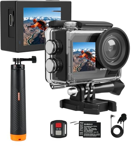 SVBONY SVGo2 4K30FPS Underwater Camera, EIS 2.0 Dual Touch-Screen Waterproof Camera Underwater, 50MP 5X Zoom, Remote Action Camera with Floating Selfie Stick, 2 Batteries for Snorkeling, Skiing