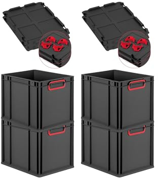 PROREGAL SuperSparSet 4x Eurobox NextGen Color mit Auflagedeckel & Schiebeschnappverschlüsse, HxBxT 32x30x40cm, 30L, Schwarz, Griffe rot geschlossen, Eurobehälter, Transportbox, Transportbehälter
