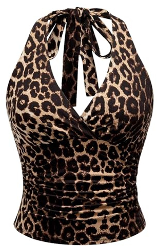 EDLMKM Women's Leopard V Neck Lace Crop Tank Top Women's Leopard Ruched Crop Halter Tie Tops Backless Grunge Punk Y2K Tops