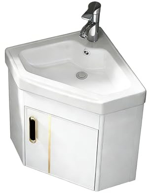 YOWLLXOF Mobile Bagno Angolare Sospeso con Lavabo e Specchio,Piccolo Set arredo Bagno,Salvaspazio,con Ripiano Aperto,per Piccoli Spazi,Moderno(White,16.9 * 14.9 * 14.9in)