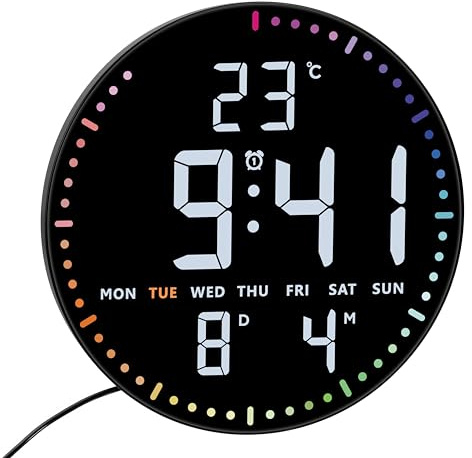 TFA Dostmann LED väggklocka digital, 25,5 cm stor, 60,4002.01, klocka med temperatur inuti, datum, vardag, inklusive väckarklocka, kalenderdisplay, 12/24 H, 3 ljusstyrkenivåer, vita siffror, färgglad