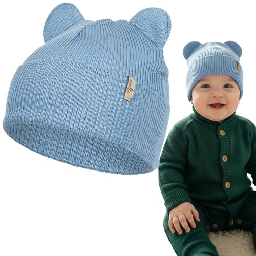 molti Babymössa vår med öron för barn från 6 månader till 3 år, beanie av 100 % merinoull, mjuk och andas, OEKO-TEX, Babyblått, 48-50