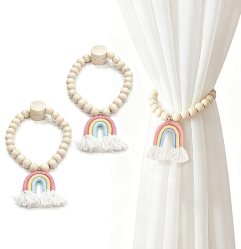 DKLUOLAN Sujeta Cortinas Magnéticos, 2 Piezas Alzapaños para Cortinas. | Recoge Cortinas Sin Perforar, con Borlas de Flecos Arco Iris, Ideal para Hogar, Oficina y Hoteles