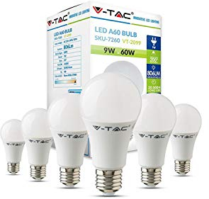 Ampoule LED A60 V-TAC 9W à économie d'énergie 60W équivalent E27 ES culot à vis Edison 2700K blanc chaud non dimmable [Classe d'énergie A+] - Paquet de 6
