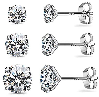 AllenCOCO S925 Sterling Silver Earrings, Cubic Zirconia Earrings Studs, 14K White Gold Plated Sterling Silver Stud Earrings Hypoallergenic Fake Diamond Stud Earrings for Women Men Sensitive Ears