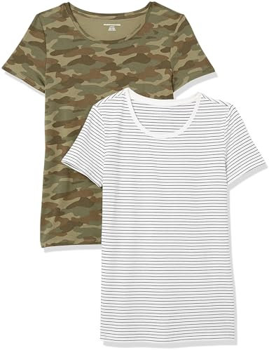 Amazon Essentials T-shirt a Maniche Corte con Vestibilità Classica (Opzioni Girocollo e Scollo a V) Donna , Pack of 2, Bianco Righe/Verde Oliva Mimetica, XL