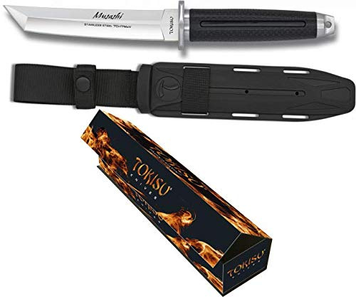 Tokisu Cuchillo japonés K25 Musashi Hoja 15 cm terminada por CNC empuñadura de Goma Virola CNC Caza Camping Outdoor Supervivencia 32390 + Portabotellas de regalo