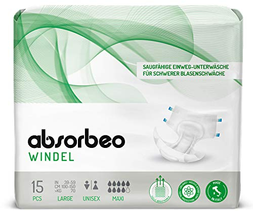 Absorbeo Windel Maxi 15 Stück, Saugfähiges Hilfsmittel für Schwere Blasenschwäche, Absoluter Komfort, Totaler Schutz, Anti-Odour-System, Vollständig Atmungsaktiv, Unisex, Größe L
