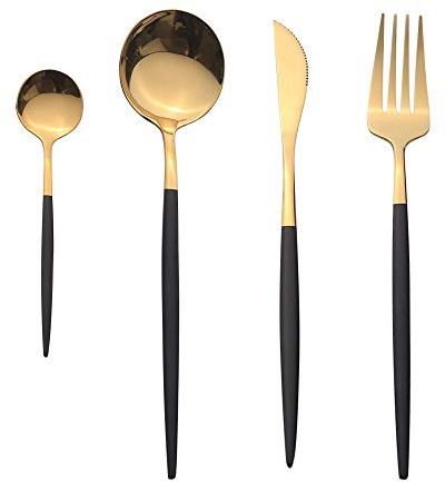 Edelstahl-Set, 8-teiliges Besteck für 2 Personen, Schwarz und Gold, inkl. Messer/Gabel/Löffel/Tee