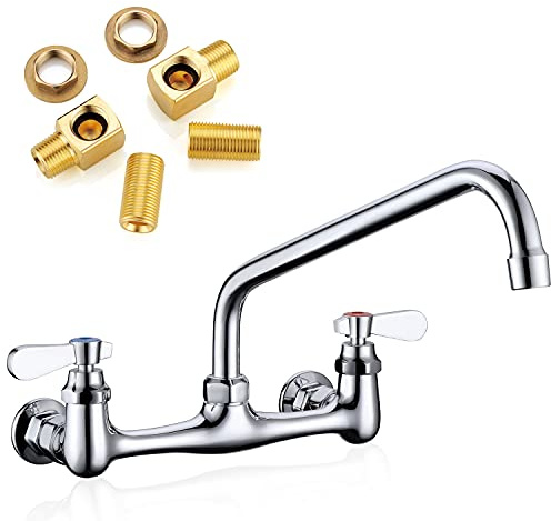Favorpo Wall Mount Faucet 8 Inches Center Commercial Kitchen Faucet, 12 Inches Swivel Spout Wall-Mount Utility Sink Faucets, 2 Handle Wall Mounted Faucets for Kitchen Laundry Room Restaurant | 12 Inch 360 Swivel Spout, Lead-free Brass, For Restaurant Laundry Utility Room, Easy to Install, CUPC NSF Certified