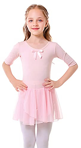 Bezioner Ballettkleidung Mädchen Tanzkleid Kinder Baumwolle Balletttrikot Ballettkleid mit Rock Tütü Rosa 130