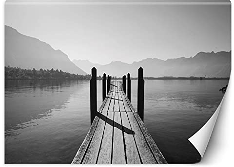 Feeby Fotomurales Muelle Sobre El Lago 250x175 cm blanco y negro Incluyendo Pegamento Papel Pintado Tejido No Tejido Decoración De Pared Salon Oficina Dormitorio Naturaleza Agua Cielo Colinas