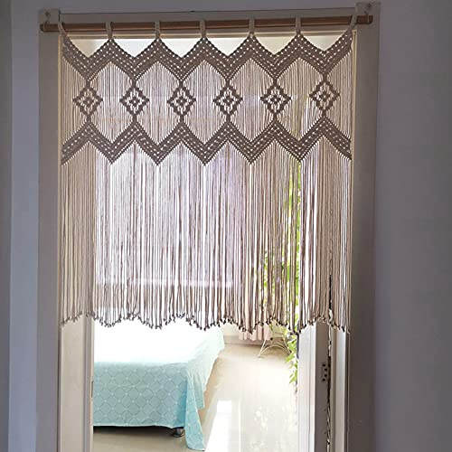 Ricemru Makramee Scheibengardinen Landhausstil Beige 90x85cm Handgemacht Weben Baumwolle Kurz Boho Bistrogardinen Scheibengardine Kurzstore Küche Wohnzimmer Schlafzimmer