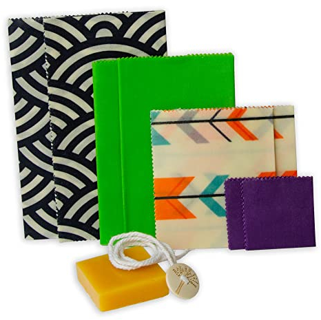 BlueFox I Vegane Wachstücher 8er Set inkl. Candellila Wachsblock und Knöpfen I Wachspapier für Lebensmittel I wiederverwendbares & waschbar für Obst und Brot I Schüssel-Abdeckung I Farbe: Bunt