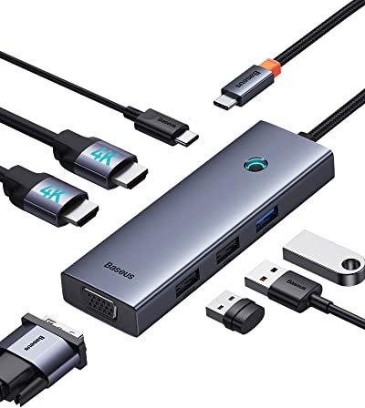 Docking Station Dual Monitor, Baseus 7 in 1 Laptop Docking Station 3 Monitors, USB C HUB with 4K HDMI, VGA, 100W PD, 3 USB for iPhone 15/MacBook/Dell/HP