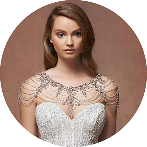 RWRAPS Luxuriöse Strass-Halskette, Choker-Schulterketten, Kristall-Schulter-Körperkette, Geschirr, Perlen-Quasten-Halskette, Halsband, Langer Schmuck für Damen, Silber (Silber)