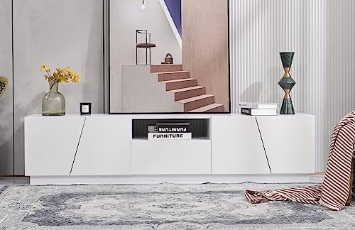 Sweiko Mobile TV moderno bianco con finitura lucida e venature del legno, 170 cm, per soggiorno