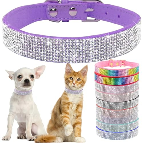 Bling Puppy Hundehalsband und Leine, Strass-Katzenhalsband, Leder, Glitzer, Diamant, Haustierhalsband, verstellbar, für Mädchen und Frauen, XXS, S, M, L (Größe M, Lila)