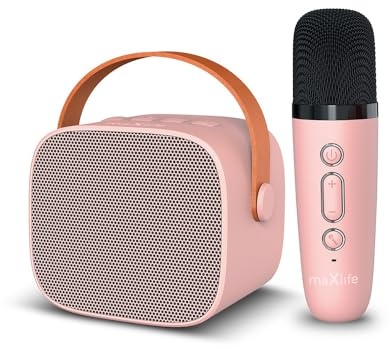 MaxLife Machine de karaoké MXKS-100 Enceinte Bluetooth portable avec microphone sans fil pour enfants et adultes Machine de karaoké Jouet électronique Cadeau d'anniversaire Fête Rose
