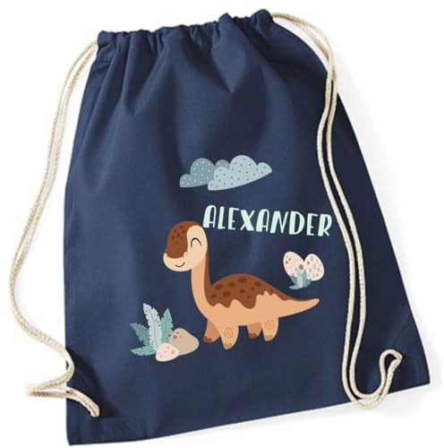 minimutz Geschenk Turnbeutel Dinosaurier - Personalisiert mit Namen - Kinder Stoffbeutel Rucksack zum Zuziehen - Sportbeutel zum Zuziehen - 12L - 37x46cm (dunkelblau)
