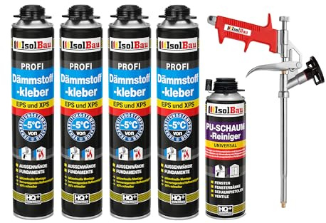 Isolbau B2 Dämmstoffkleber SET - 4 x 750 ml Perimeterkleber, 1 x PU-Schaum-Reiniger & 1x Schaumpistole für EPS & XPS-Platten - 1K PU-Klebeschaum für Dämmung und Isolieren