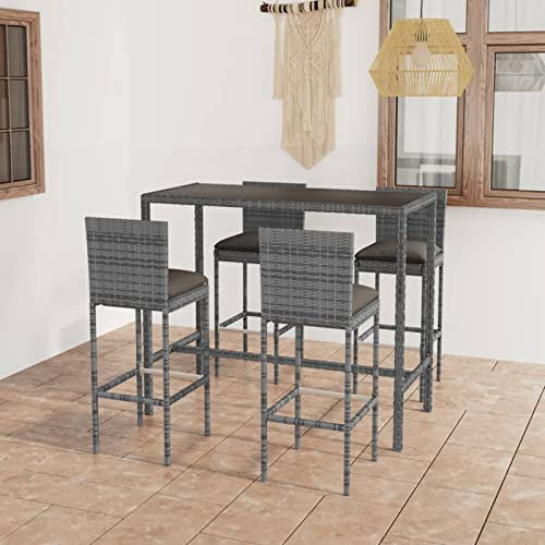 Gecheer Gartenbar Set 5-TLG.mit Kissen Theke Bar Tresen Gartentheke Bartisch Stehtisch Barhocker Barstuhl Gartenset Sitzgruppe Gartenmöbel Poly Rattan Grau