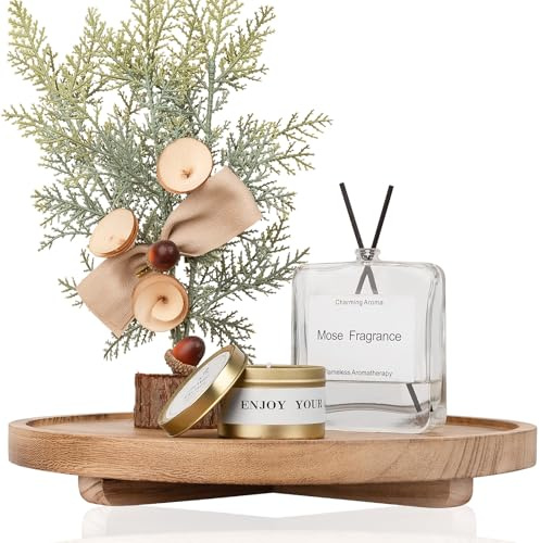 Round Decorative Tray Wood Bathroom Counter Organizer Farmhouse Kitchen Decor Wooden Riser for Soap Dish, Perfume, Candle, Sponge, 12 - Brown