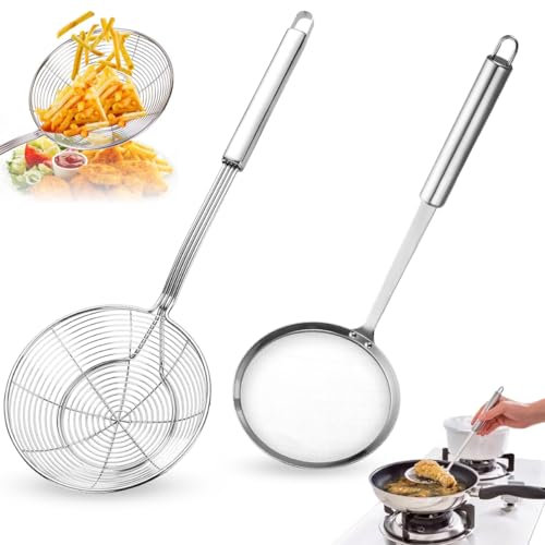 Spinnennetz-Schöpflöffel aus Edelstahl, Frittiertopf Sieb, Sieb Edelstahl,Schaumlöffel Edelstahl, Siebkelle,Dünsten und Schöpfen. Durchmesser(14cm&Schaumkelle)