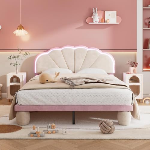 Lit Enfant PUGSDRLY 140x200cm, Double avec Tête Ondulée et Bande LED, Rembourré, Sommier à Lattes, pour Adolescent, sans Matelas